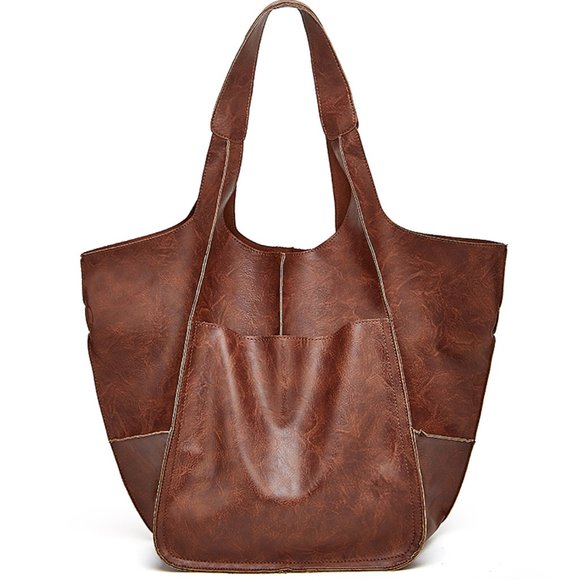 Handbags - Women's Brown Tall Bucket Expandable Tote Handbag Shoulder Bag Tote Satc…